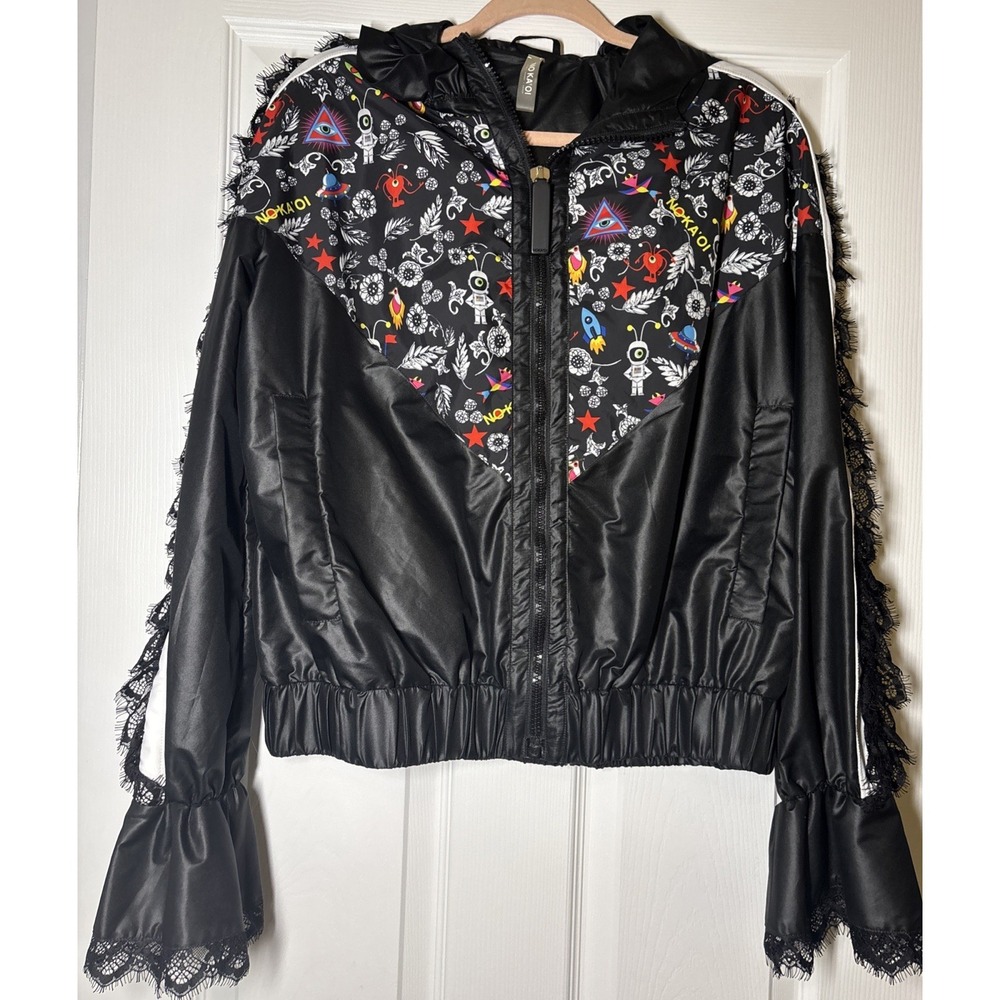 No Ka Oi Women's Luxury Activewear Hood Zipper Track Jacket Black Lace Sz Small